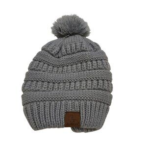 Anazlea Gray Knit Beanie Hat‎ Pom Pom Faux Fur Lining Warm Stylish Winter Ski